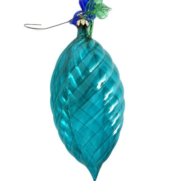 Teal Ribbed Glass Teardrop Ornament With Glass Leaves Germany - Picture 4 of 5